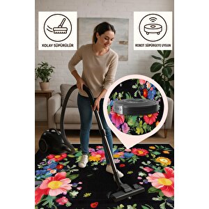Pamuk Dokuma Taban Halı – Siyah; Sarı; Kırmızı; Yeşil; Pembe – Çiçek Desen, Makinede Yıkanabilir, Kolay Temizlenebilir, Toz Ve Tüy Tutmaz, Kaymaz, Evcil Hayvan Dostu