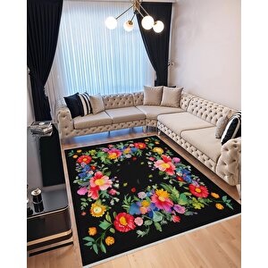 Pamuk Dokuma Taban Halı – Siyah; Sarı; Kırmızı; Yeşil; Pembe – Çiçek Desen, Makinede Yıkanabilir, Kolay Temizlenebilir, Toz Ve Tüy Tutmaz, Kaymaz, Evcil Hayvan Dostu