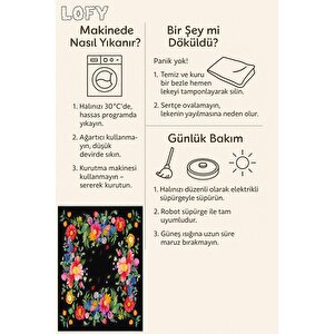 Pamuk Dokuma Taban Halı – Siyah; Sarı; Kırmızı; Yeşil; Pembe – Çiçek Desen, Makinede Yıkanabilir, Kolay Temizlenebilir, Toz Ve Tüy Tutmaz, Kaymaz, Evcil Hayvan Dostu