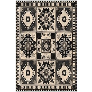 Oturma Odası Halısı – Siyah; Krem – Patchwork Desen, Makinede Yıkanabilir, Kolay Temizlenebilir, Toz Ve Tüy Tutmaz, Kaymaz, Evcil Hayvan Dostu