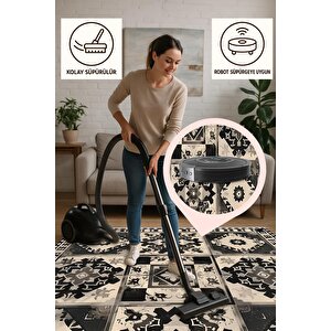Oturma Odası Halısı – Siyah; Krem – Patchwork Desen, Makinede Yıkanabilir, Kolay Temizlenebilir, Toz Ve Tüy Tutmaz, Kaymaz, Evcil Hayvan Dostu