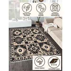 Oturma Odası Halısı – Siyah; Krem – Patchwork Desen, Makinede Yıkanabilir, Kolay Temizlenebilir, Toz Ve Tüy Tutmaz, Kaymaz, Evcil Hayvan Dostu