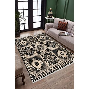 Oturma Odası Halısı – Siyah; Krem – Patchwork Desen, Makinede Yıkanabilir, Kolay Temizlenebilir, Toz Ve Tüy Tutmaz, Kaymaz, Evcil Hayvan Dostu