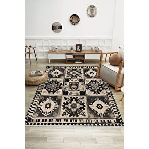 Oturma Odası Halısı – Siyah; Krem – Patchwork Desen, Makinede Yıkanabilir, Kolay Temizlenebilir, Toz Ve Tüy Tutmaz, Kaymaz, Evcil Hayvan Dostu
