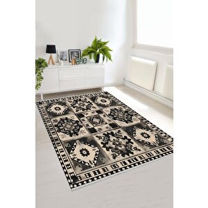 Oturma Odası Halısı – Siyah; Krem – Patchwork Desen, Makinede Yıkanabilir, Kolay Temizlenebilir, Toz Ve Tüy Tutmaz, Kaymaz, Evcil Hayvan Dostu