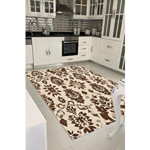 Pamuk Tabanlı Kaymaz Halı – Kahverengi; Bej – Floral Desen, Pamuk Dokuma Taban, Makinede Yıkanabilir, Kolay Temizlenebilir, Toz Ve Tüy Tutmaz, Kaymaz, Evcil Hayvan Dostu