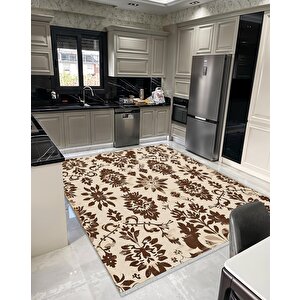 Pamuk Tabanlı Kaymaz Halı – Kahverengi; Bej – Floral Desen, Pamuk Dokuma Taban, Makinede Yıkanabilir, Kolay Temizlenebilir, Toz Ve Tüy Tutmaz, Kaymaz, Evcil Hayvan Dostu 160x350 cm