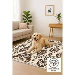 Pamuk Tabanlı Kaymaz Halı – Kahverengi; Bej – Floral Desen, Pamuk Dokuma Taban, Makinede Yıkanabilir, Kolay Temizlenebilir, Toz Ve Tüy Tutmaz, Kaymaz, Evcil Hayvan Dostu 160x350 cm