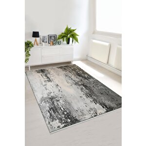 Pamuk Dokuma Taban Halı – Gri; Siyah; Krem – Eskitilmiş Görünümlü Soyut Desen, Makinede Yıkanabilir, Kolay Temizlenebilir, Toz Ve Tüy Tutmaz, Kaymaz, Evcil Hayvan Dostu