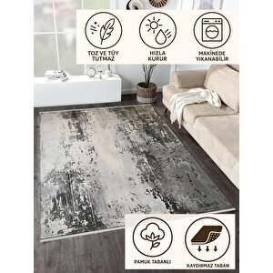 Pamuk Dokuma Taban Halı – Gri; Siyah; Krem – Eskitilmiş Görünümlü Soyut Desen, Makinede Yıkanabilir, Kolay Temizlenebilir, Toz Ve Tüy Tutmaz, Kaymaz, Evcil Hayvan Dostu