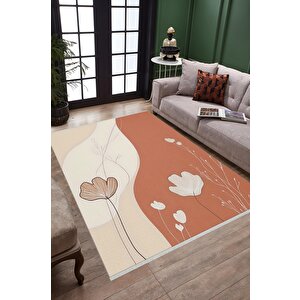 Pamuk Dokuma Taban Halı – Krem; Turuncu; Kahverengi – Floral Desen, Makinede Yıkanabilir, Kolay Temizlenebilir, Toz Ve Tüy Tutmaz, Kaymaz, Evcil Hayvan Dostu 100x180 cm