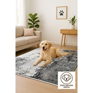 Pamuk Dokuma Taban Halı – Gri; Siyah; Krem – Eskitilmiş Görünümlü Soyut Desen, Makinede Yıkanabilir, Kolay Temizlenebilir, Toz Ve Tüy Tutmaz, Kaymaz, Evcil Hayvan Dostu