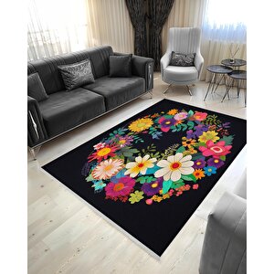 Mutfak Halısı – Pamuk Dokuma Taban Halı – Siyah; Sarı; Kırmızı; Pembe; Mavi – Çiçek Desen, Makinede Yıkanabilir, Kolay Temizlenebilir, Toz Ve Tüy Tutmaz, Kaymaz, Evcil Hayvan Dostu