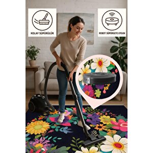 Mutfak Halısı – Pamuk Dokuma Taban Halı – Siyah; Sarı; Kırmızı; Pembe; Mavi – Çiçek Desen, Makinede Yıkanabilir, Kolay Temizlenebilir, Toz Ve Tüy Tutmaz, Kaymaz, Evcil Hayvan Dostu