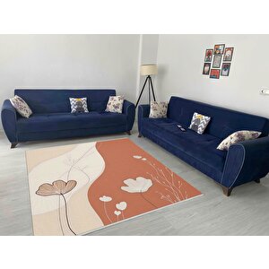 Pamuk Dokuma Taban Halı – Krem; Turuncu; Kahverengi – Floral Desen, Makinede Yıkanabilir, Kolay Temizlenebilir, Toz Ve Tüy Tutmaz, Kaymaz, Evcil Hayvan Dostu