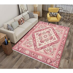 Pamuk Dokuma Taban Halı – Pembe; Krem; Gül Kurusu – Oriental Desen, Makinede Yıkanabilir, Kolay Temizlenebilir, Toz Ve Tüy Tutmaz, Kaymaz, Evcil Hayvan Dostu