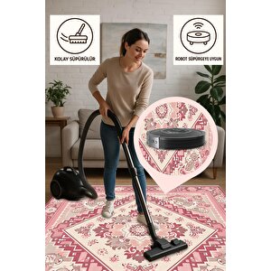 Pamuk Dokuma Taban Halı – Pembe; Krem; Gül Kurusu – Oriental Desen, Makinede Yıkanabilir, Kolay Temizlenebilir, Toz Ve Tüy Tutmaz, Kaymaz, Evcil Hayvan Dostu