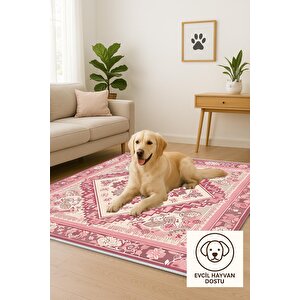 Pamuk Dokuma Taban Halı – Pembe; Krem; Gül Kurusu – Oriental Desen, Makinede Yıkanabilir, Kolay Temizlenebilir, Toz Ve Tüy Tutmaz, Kaymaz, Evcil Hayvan Dostu