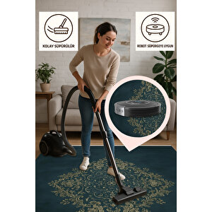 Pamuk Dokuma Taban Halı – Lacivert; Sarı – Geleneksel Desen, Makinede Yıkanabilir, Kolay Temizlenebilir, Toz Ve Tüy Tutmaz, Kaymaz, Evcil Hayvan Dostu 180x200 cm