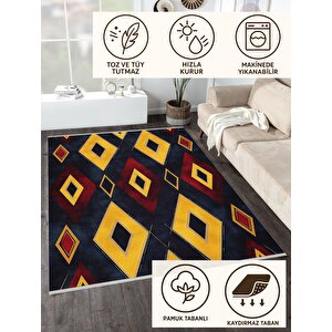 Mutfak Halısı – Siyah; Sarı; Kırmızı – Geometrik Desen, Makinede Yıkanabilir, Kolay Temizlenebilir, Toz Ve Tüy Tutmaz, Kaymaz, Evcil Hayvan Dostu 150x150 cm