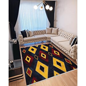 Mutfak Halısı – Siyah; Sarı; Kırmızı – Geometrik Desen, Makinede Yıkanabilir, Kolay Temizlenebilir, Toz Ve Tüy Tutmaz, Kaymaz, Evcil Hayvan Dostu 180x200 cm