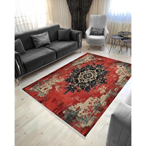 Pamuk Dokuma Taban Halı – Kırmızı; Siyah; Bej – Eskitilmiş Görünümlü Oriental Desen, Makinede Yıkanabilir, Kolay Temizlenebilir, Toz Ve Tüy Tutmaz, Kaymaz, Evcil Hayvan Dostu 150x300 cm