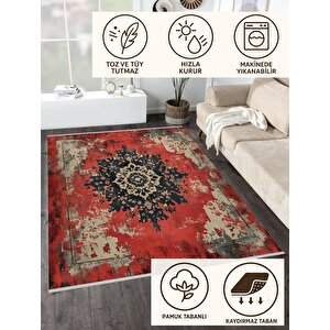 Pamuk Dokuma Taban Halı – Kırmızı; Siyah; Bej – Eskitilmiş Görünümlü Oriental Desen, Makinede Yıkanabilir, Kolay Temizlenebilir, Toz Ve Tüy Tutmaz, Kaymaz, Evcil Hayvan Dostu