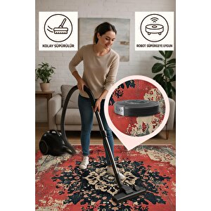 Pamuk Dokuma Taban Halı – Kırmızı; Siyah; Bej – Eskitilmiş Görünümlü Oriental Desen, Makinede Yıkanabilir, Kolay Temizlenebilir, Toz Ve Tüy Tutmaz, Kaymaz, Evcil Hayvan Dostu