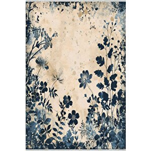 Pamuk Dokuma Taban Halı – Lacivert; Bej – Floral Desen, Makinede Yıkanabilir, Kolay Temizlenebilir, Toz Ve Tüy Tutmaz, Kaymaz, Evcil Hayvan Dostu