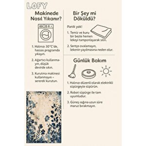 Pamuk Dokuma Taban Halı – Lacivert; Bej – Floral Desen, Makinede Yıkanabilir, Kolay Temizlenebilir, Toz Ve Tüy Tutmaz, Kaymaz, Evcil Hayvan Dostu