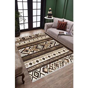 Pamuk Dokuma Taban Halı – Kahverengi; Bej; Krem – Etnik Desen, Makinede Yıkanabilir, Kolay Temizlenebilir, Toz Ve Tüy Tutmaz, Kaymaz, Evcil Hayvan Dostu 200x220 cm