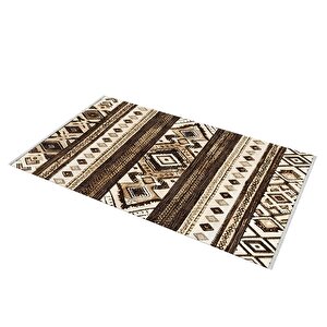 Pamuk Dokuma Taban Halı – Kahverengi; Bej; Krem – Etnik Desen, Makinede Yıkanabilir, Kolay Temizlenebilir, Toz Ve Tüy Tutmaz, Kaymaz, Evcil Hayvan Dostu 200x220 cm