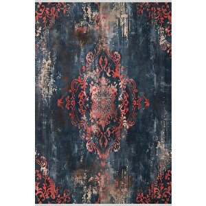 Yıkanabilir Halı – Kırmızı; Lacivert; Bej – Damask Desen, Eskitilmiş Görünümlü Tasarım, Pamuk Dokuma Taban, Kolay Temizlenebilir, Toz Ve Tüy Tutmaz, Kaymaz, Evcil Hayvan Dostu