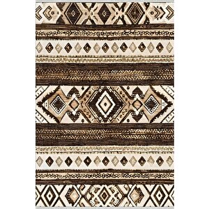 Pamuk Dokuma Taban Halı – Kahverengi; Bej; Krem – Etnik Desen, Makinede Yıkanabilir, Kolay Temizlenebilir, Toz Ve Tüy Tutmaz, Kaymaz, Evcil Hayvan Dostu 180x200 cm