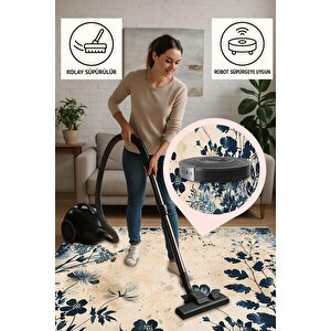 Pamuk Dokuma Taban Halı – Lacivert; Bej – Floral Desen, Makinede Yıkanabilir, Kolay Temizlenebilir, Toz Ve Tüy Tutmaz, Kaymaz, Evcil Hayvan Dostu