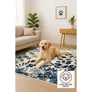 Pamuk Dokuma Taban Halı – Lacivert; Bej – Floral Desen, Makinede Yıkanabilir, Kolay Temizlenebilir, Toz Ve Tüy Tutmaz, Kaymaz, Evcil Hayvan Dostu