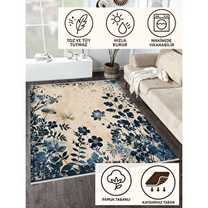 Pamuk Dokuma Taban Halı – Lacivert; Bej – Floral Desen, Makinede Yıkanabilir, Kolay Temizlenebilir, Toz Ve Tüy Tutmaz, Kaymaz, Evcil Hayvan Dostu