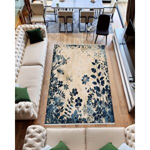 Pamuk Dokuma Taban Halı – Lacivert; Bej – Floral Desen, Makinede Yıkanabilir, Kolay Temizlenebilir, Toz Ve Tüy Tutmaz, Kaymaz, Evcil Hayvan Dostu