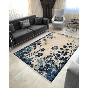 Pamuk Dokuma Taban Halı – Lacivert; Bej – Floral Desen, Makinede Yıkanabilir, Kolay Temizlenebilir, Toz Ve Tüy Tutmaz, Kaymaz, Evcil Hayvan Dostu