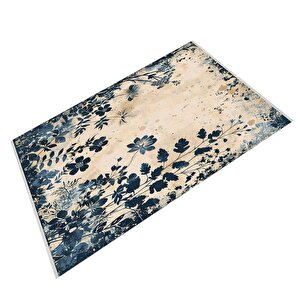 Pamuk Dokuma Taban Halı – Lacivert; Bej – Floral Desen, Makinede Yıkanabilir, Kolay Temizlenebilir, Toz Ve Tüy Tutmaz, Kaymaz, Evcil Hayvan Dostu