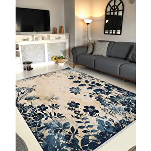 Pamuk Dokuma Taban Halı – Lacivert; Bej – Floral Desen, Makinede Yıkanabilir, Kolay Temizlenebilir, Toz Ve Tüy Tutmaz, Kaymaz, Evcil Hayvan Dostu 80x150 cm