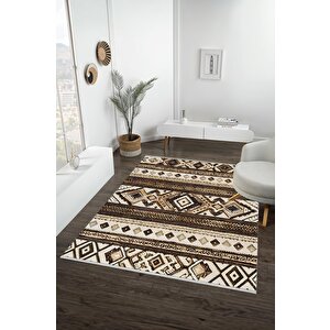 Pamuk Dokuma Taban Halı – Kahverengi; Bej; Krem – Etnik Desen, Makinede Yıkanabilir, Kolay Temizlenebilir, Toz Ve Tüy Tutmaz, Kaymaz, Evcil Hayvan Dostu