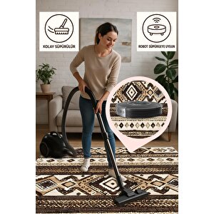 Pamuk Dokuma Taban Halı – Kahverengi; Bej; Krem – Etnik Desen, Makinede Yıkanabilir, Kolay Temizlenebilir, Toz Ve Tüy Tutmaz, Kaymaz, Evcil Hayvan Dostu