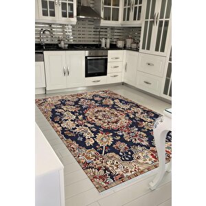 Pamuk Dokuma Taban Halı – Lacivert; Kırmızı; Bej; Kahverengi – Oriental Desen, Makinede Yıkanabilir, Kolay Temizlenebilir, Toz Ve Tüy Tutmaz, Kaymaz, Evcil Hayvan Dostu 150x300 cm