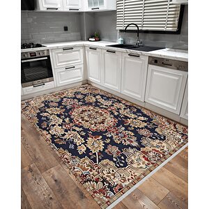 Pamuk Dokuma Taban Halı – Lacivert; Kırmızı; Bej; Kahverengi – Oriental Desen, Makinede Yıkanabilir, Kolay Temizlenebilir, Toz Ve Tüy Tutmaz, Kaymaz, Evcil Hayvan Dostu 150x300 cm