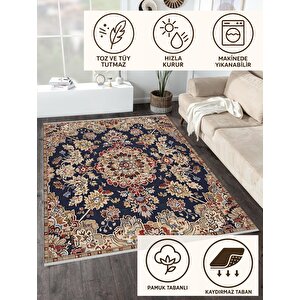 Pamuk Dokuma Taban Halı – Lacivert; Kırmızı; Bej; Kahverengi – Oriental Desen, Makinede Yıkanabilir, Kolay Temizlenebilir, Toz Ve Tüy Tutmaz, Kaymaz, Evcil Hayvan Dostu