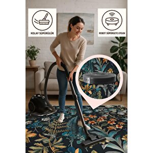 Oturma Odası Halısı – Siyah; Turuncu – Çiçekli Desen, Makinede Yıkanabilir, Kolay Temizlenebilir, Toz Ve Tüy Tutmaz, Kaymaz, Evcil Hayvan Dostu