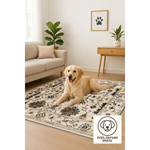Pamuk Dokuma Taban Halı – Bej; Siyah; Kahverengi – Eskitilmiş Görünümlü Desen, Makinede Yıkanabilir, Kolay Temizlenebilir, Toz Ve Tüy Tutmaz, Kaymaz, Evcil Hayvan Dostu