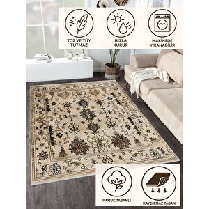 Pamuk Dokuma Taban Halı – Bej; Siyah; Kahverengi – Eskitilmiş Görünümlü Desen, Makinede Yıkanabilir, Kolay Temizlenebilir, Toz Ve Tüy Tutmaz, Kaymaz, Evcil Hayvan Dostu