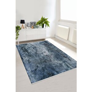 Yıkanabilir Halı – Mavi; Gri – Soyut Desen, Pamuk Dokuma Taban, Kolay Temizlenebilir, Toz Ve Tüy Tutmaz, Kaymaz, Evcil Hayvan Dostu 80x150 cm